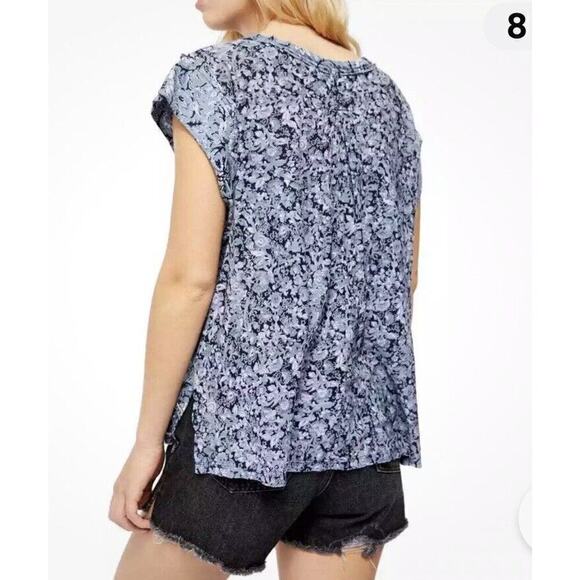 Free People T Shirt Oversized Dual Print Floral Blue Top Cap Sleeve Boxy XS Crew - Picture 2 of 16